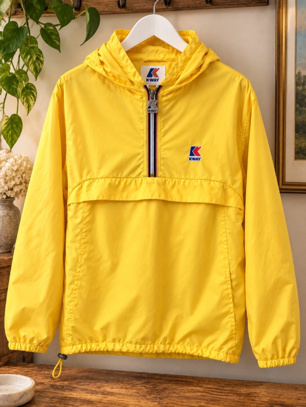 K-Way Retro Yellow Hooded Half-Zip Anorak Windbreaker